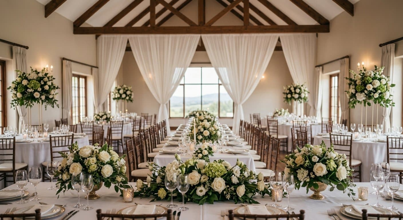 Une salle de réception dressée : nappes blanches, compositions de roses blanches, bougies.