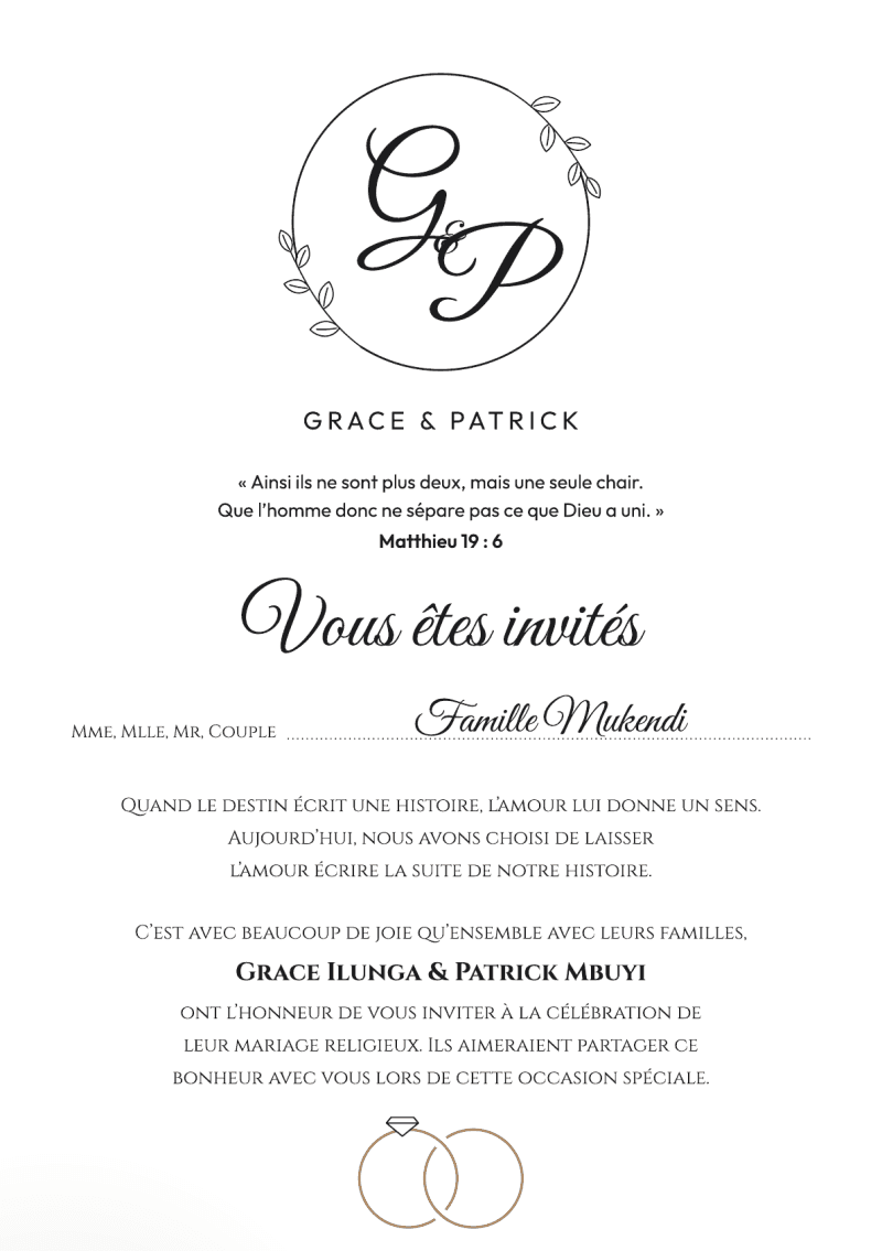 Le haut de l'invitation PDF de la famille Mukendi : le monogramme G & P, un verset, puis « Vous êtes invités, Famille Mukendi ».